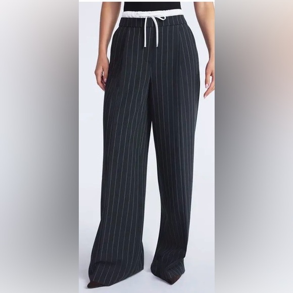 Scoop Pants - Elegant Black Pinstripe Wide Leg Double Waisted Trousers